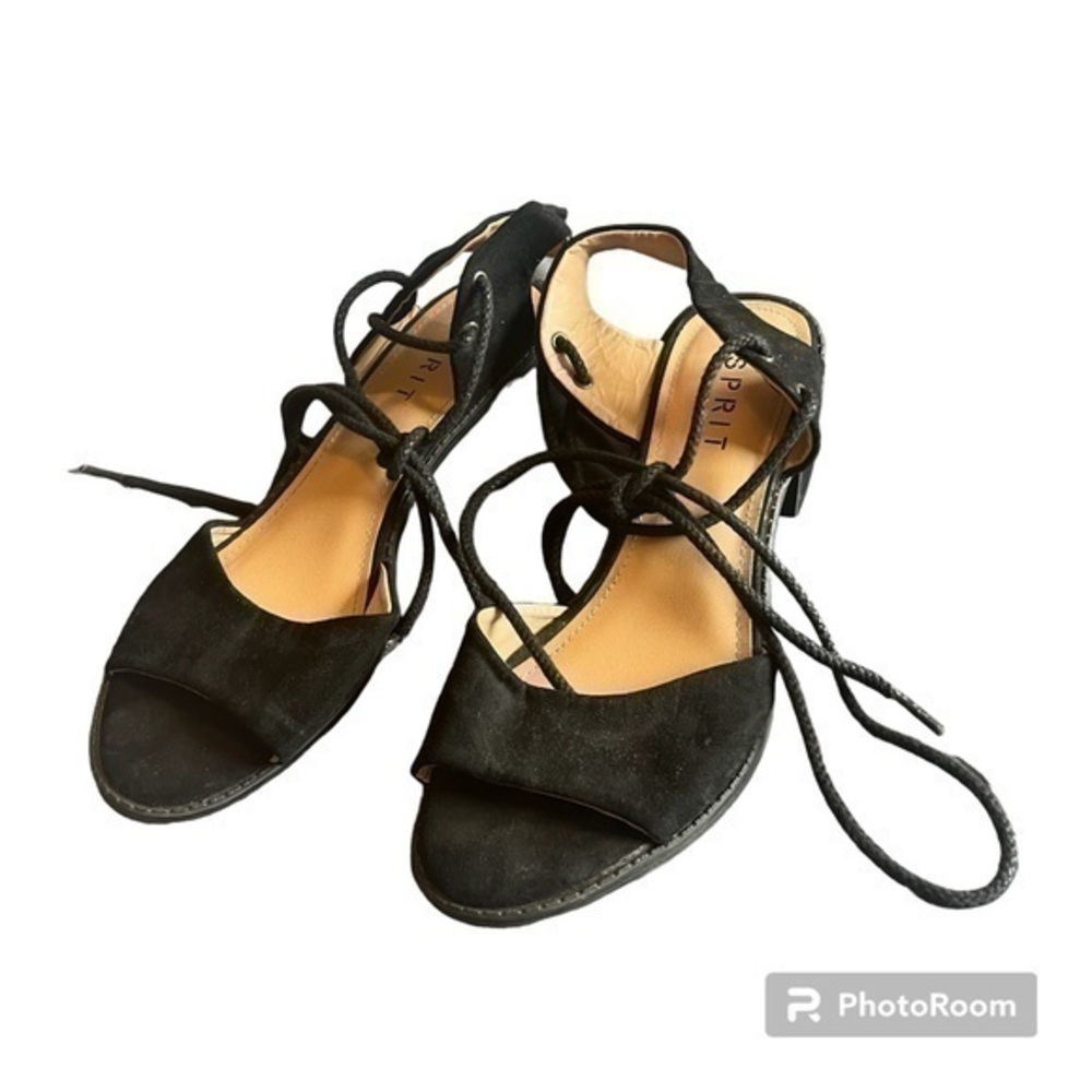 Spirit black faux suede sandals with ties up the leg